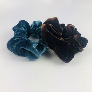 Two Washable Blue and Brown Velvet Scrunchies